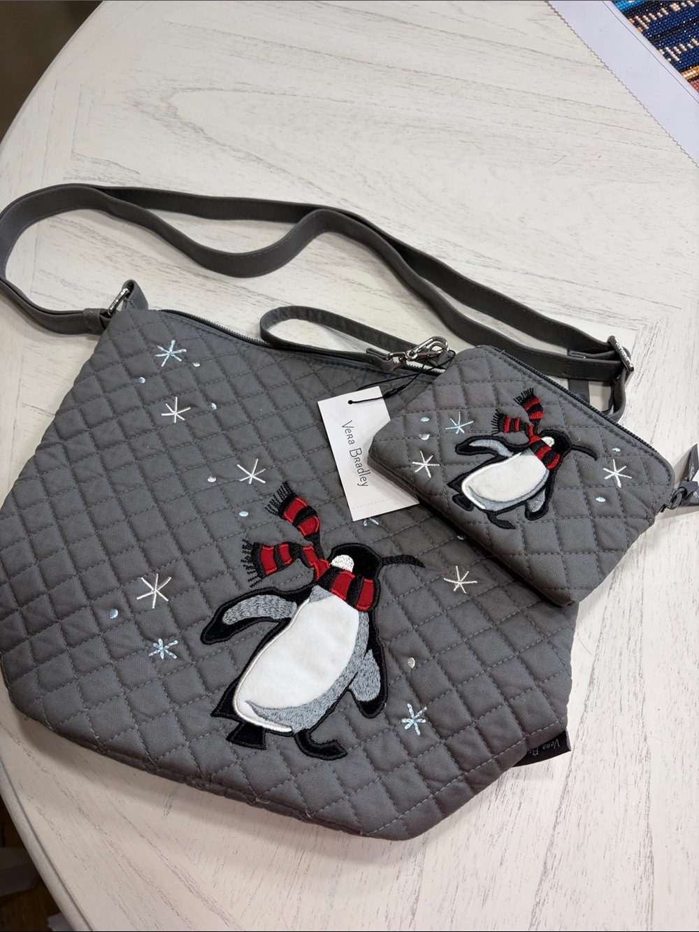 Vera Bradley Gray Quilted Crossbody with Penguin Applique and Coin Pouch